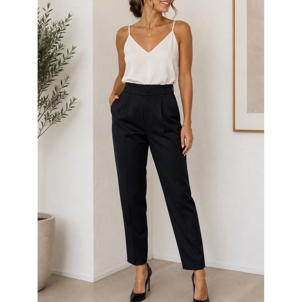 Maggie Lawrence Collection Women Black High Waist Pleated Tapered Satin Pants 10